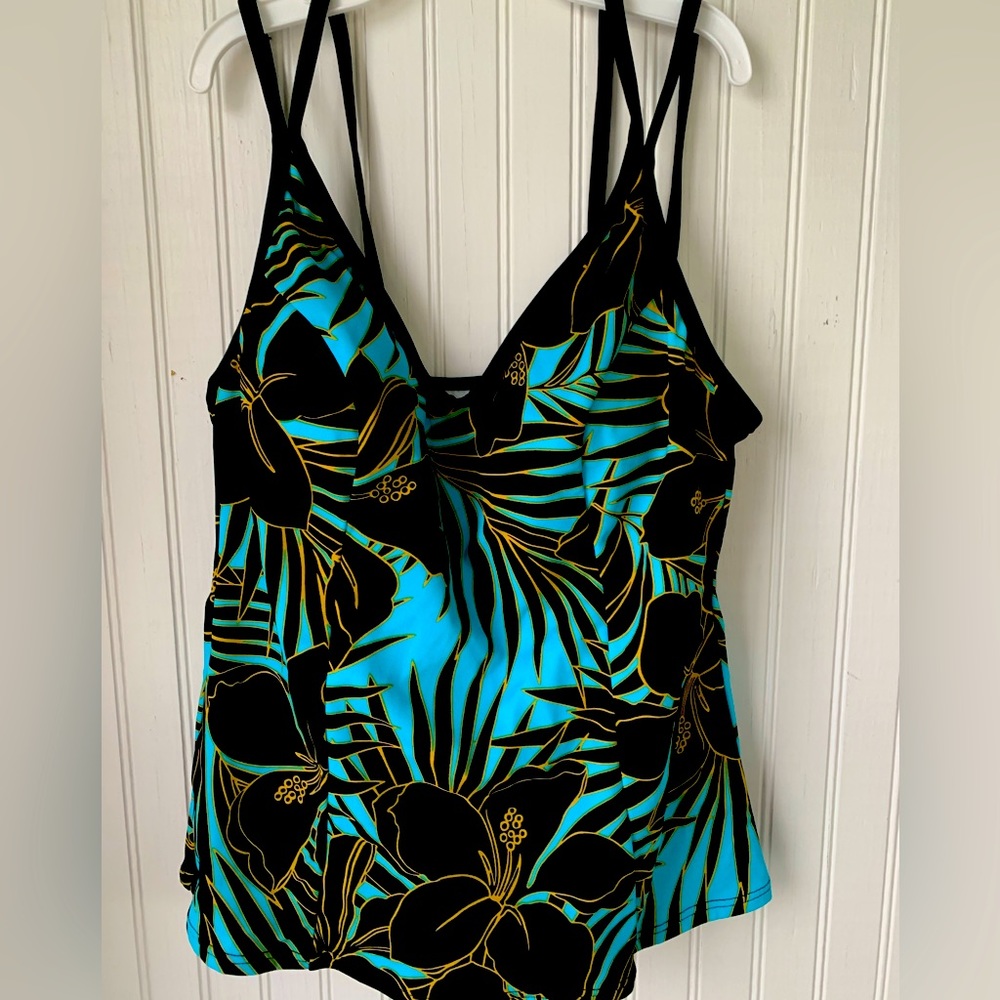 Miraclesuit Swimsuit Top (Size 10) Black with Teal Flowers and outlining in Gold